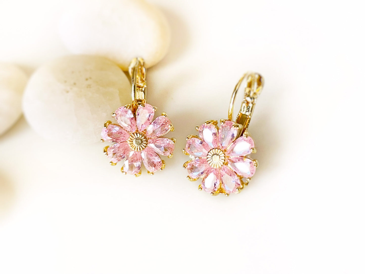 Pink sapphire flower leverback dangle earrings, pink gemstone daisy flower earrings, October birthstone, gift for mom, gift for her