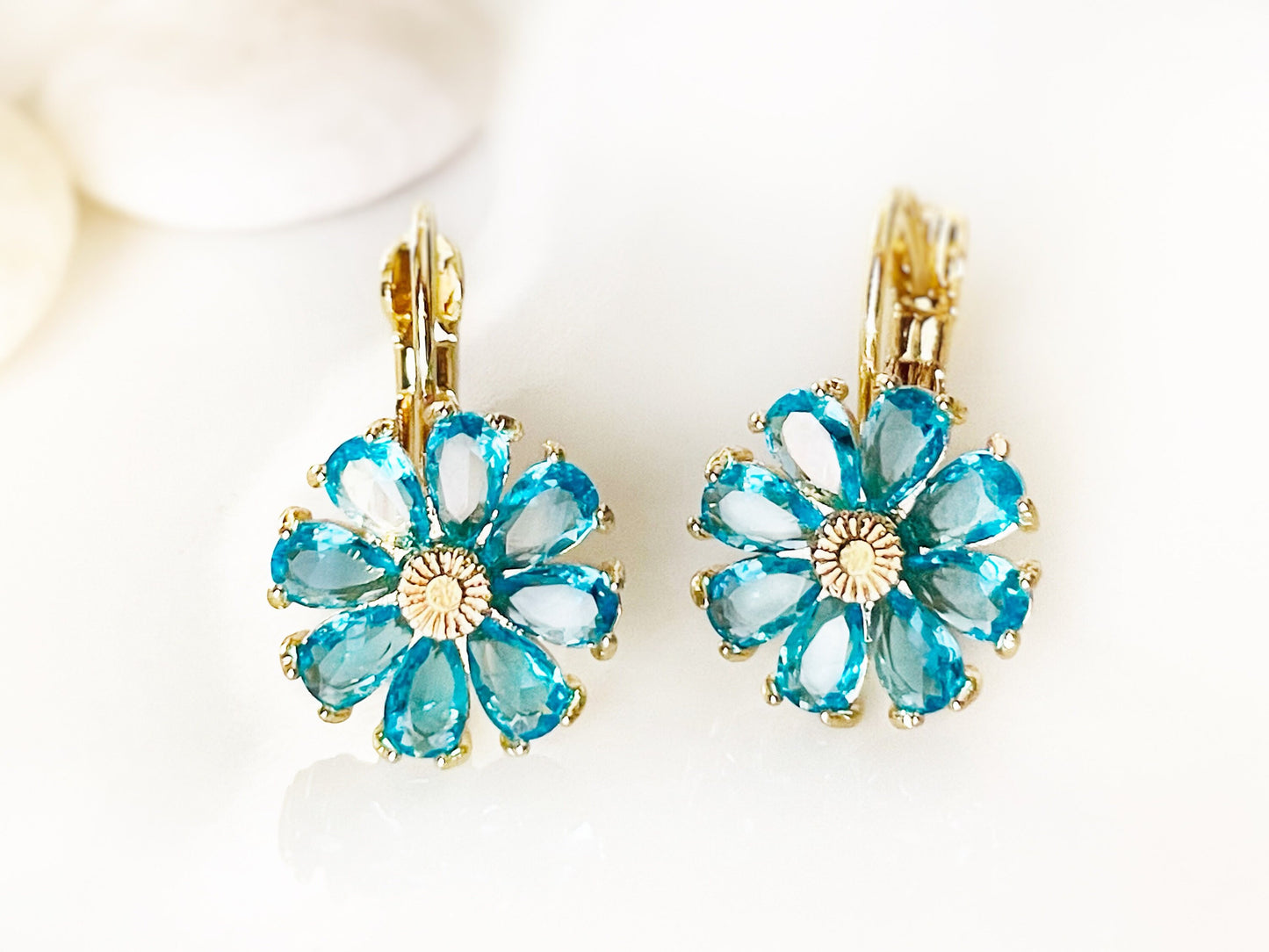 Blue topaz flower dangle earrings, blue gemstone daisy flower earrings, December birthstone earrings, gift for mom, gift for her