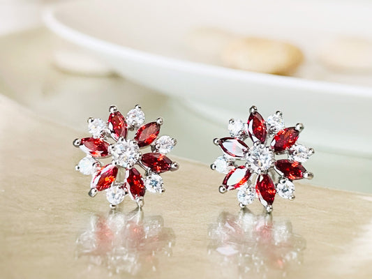 Garnet stud earring studs, red white gemstone flower studs, snowflake earrings, gift for her, gift for mom, January birthstone