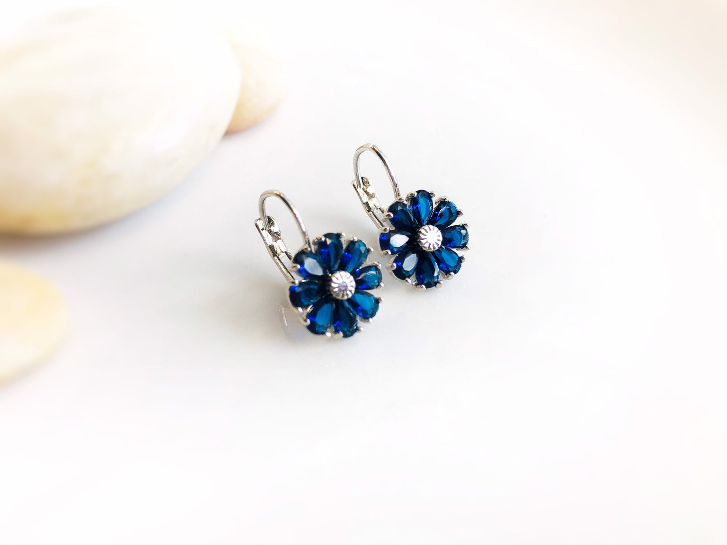 Sapphire daisy dangle earrings, blue sapphire flower earrings, September birthstone earring, gift for mom, gift for her