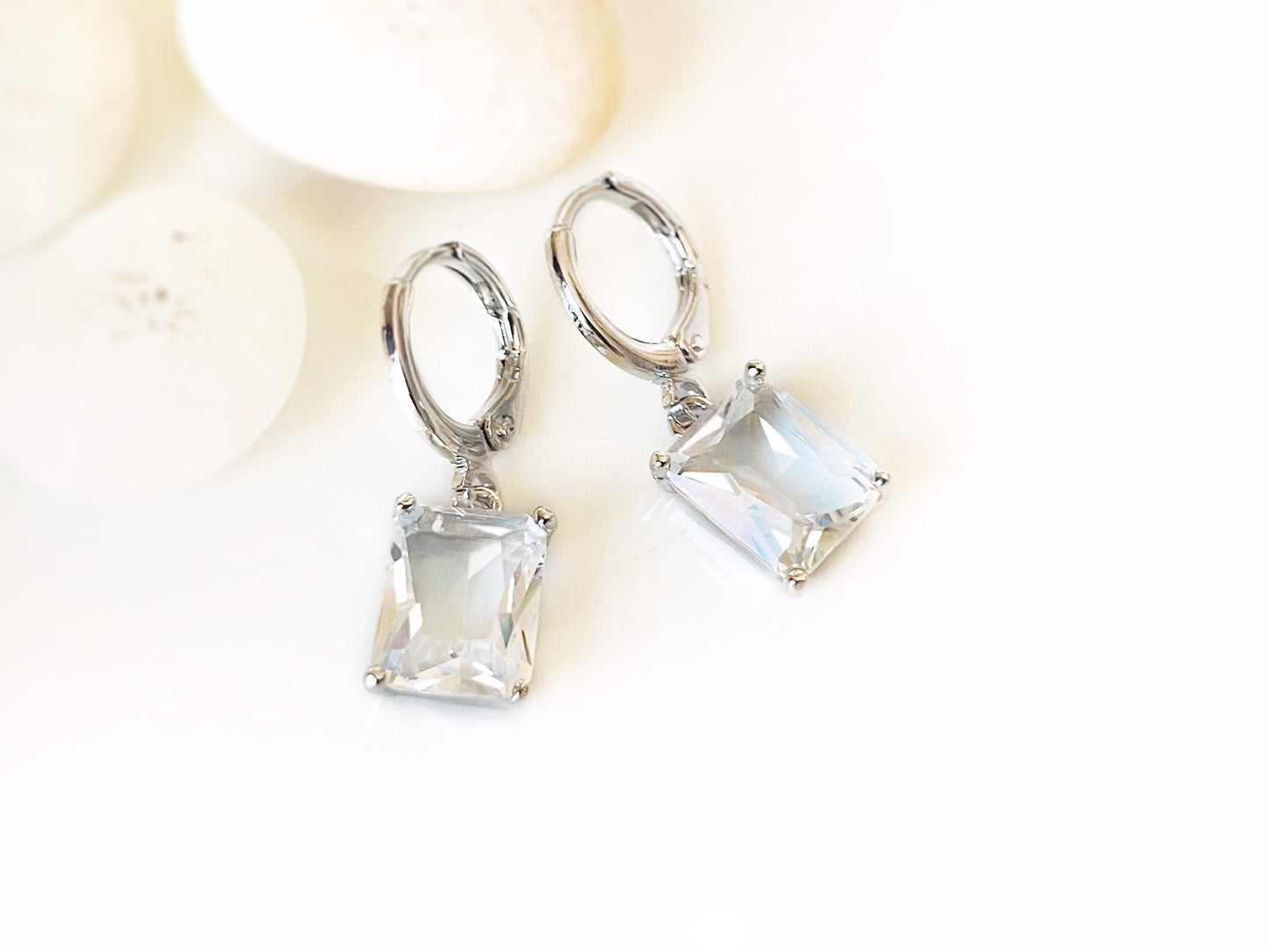 Small emerald cut white sapphire dangle earring, white gemstone drop earrings, April birthstone, gift for her, gift for girl