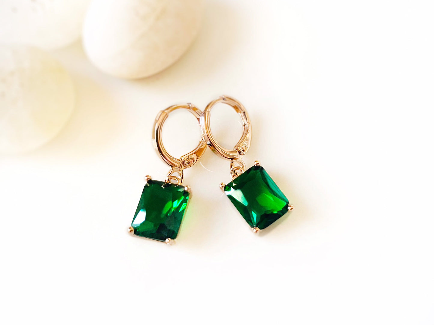 Small emerald cut emerald dangle earring, green gemstone drop earrings, gift for her, gift for girls, May birthstone