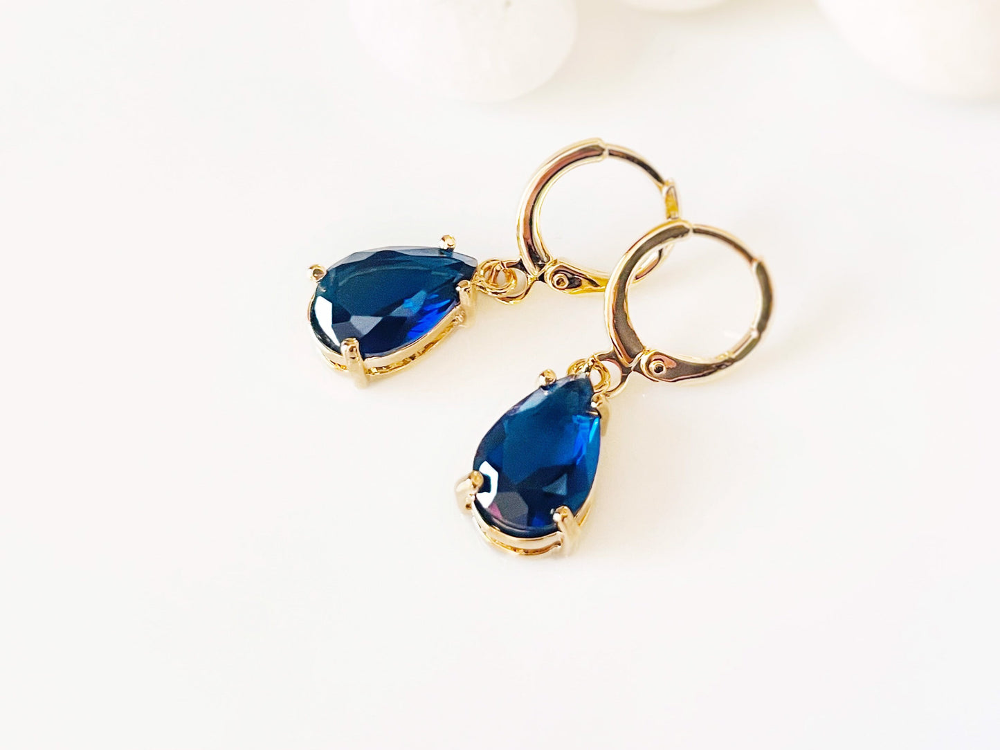 Sapphire teardrop dangle earrings, September birthstone, navy blue gemstone earrings, gift for her, gift for girl, bridesmaids gift