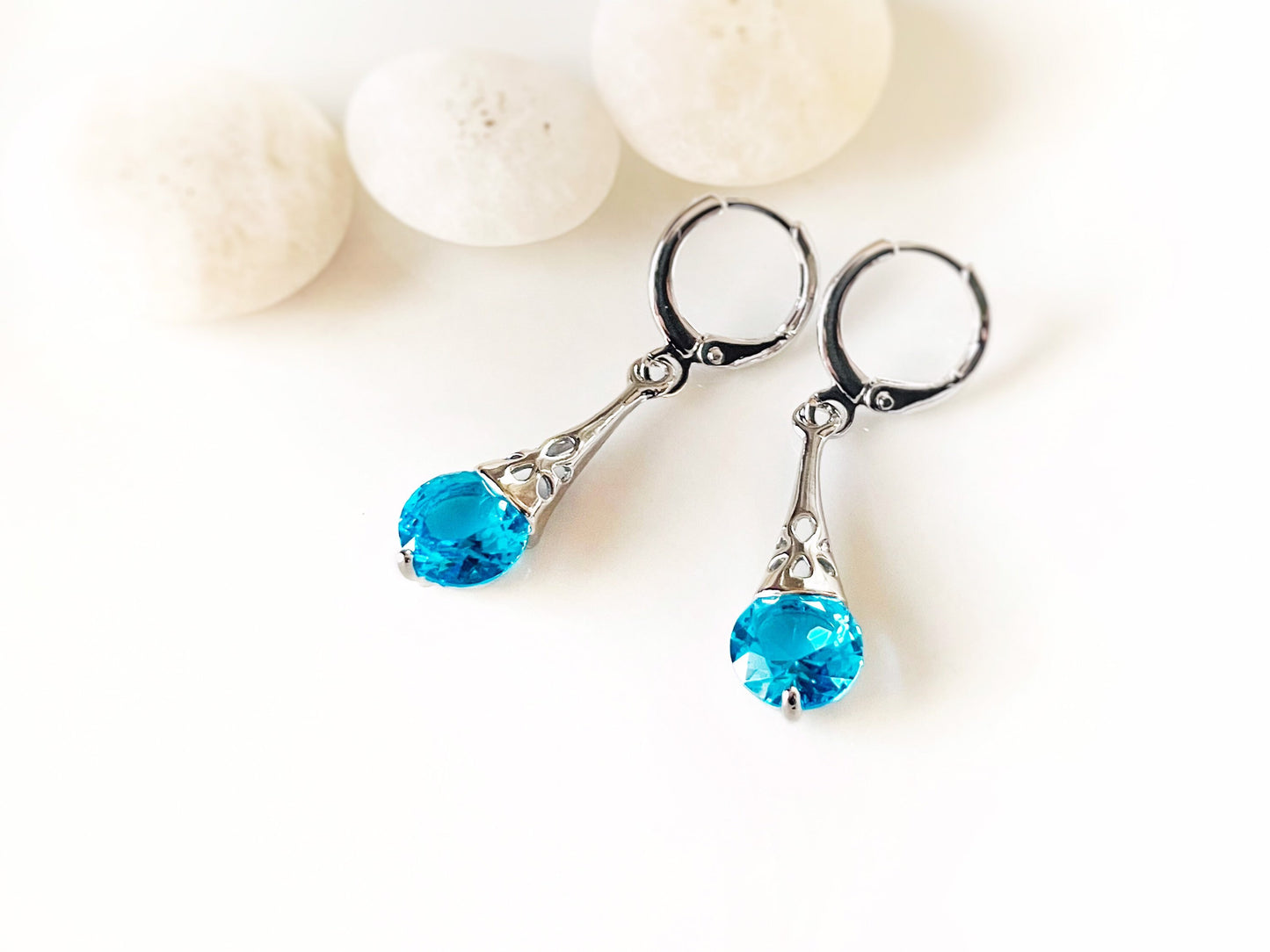 Blue topaz filigree dangle earrings, small blue gemstone earrings, gift for her, gift for daughter, December birthstone earrings