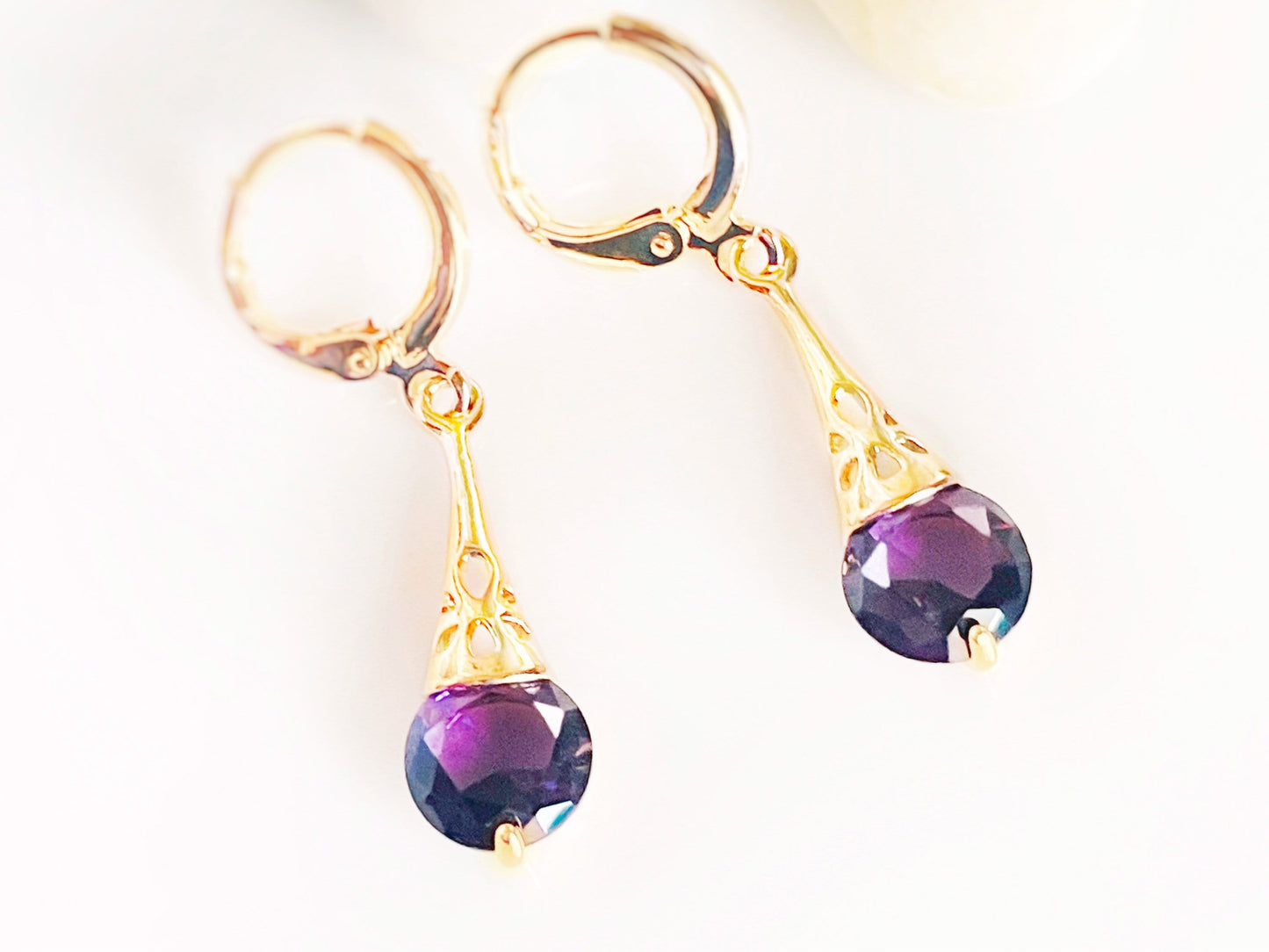 Amethyst filigree dangle earrings, dark purple gemstone drop earrings, gift for her, gift for daughter, February birthstone earrings