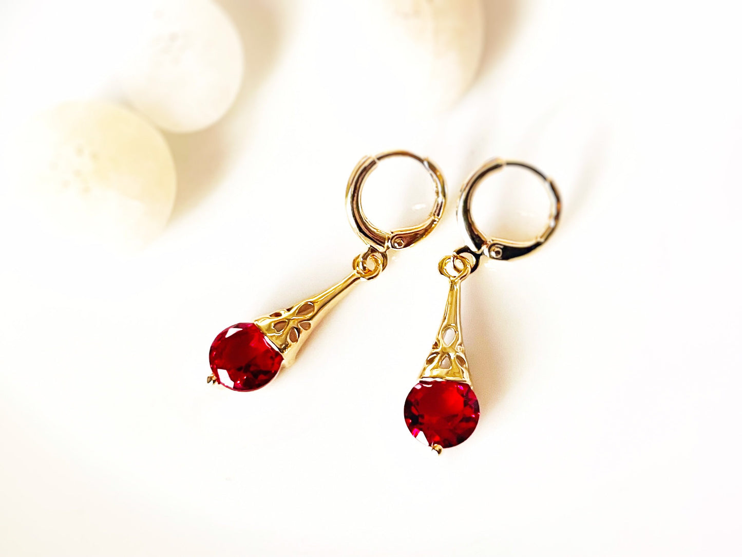 Small ruby filigree dangle earrings, red filigree gemstone drop earrings, gift for her, gift for girls, July birthstone