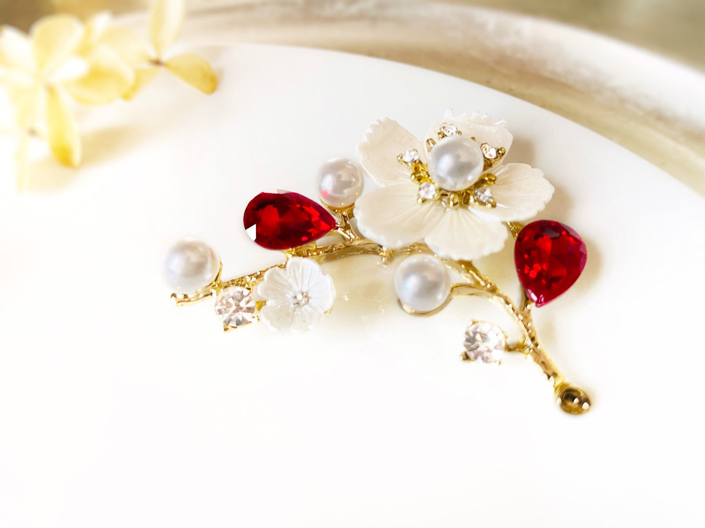 Ruby red pearl flower brooch gold, red crystal flower brooch pin, red gem pearl silver wedding bouquet brooch, gift for mom, gift for her