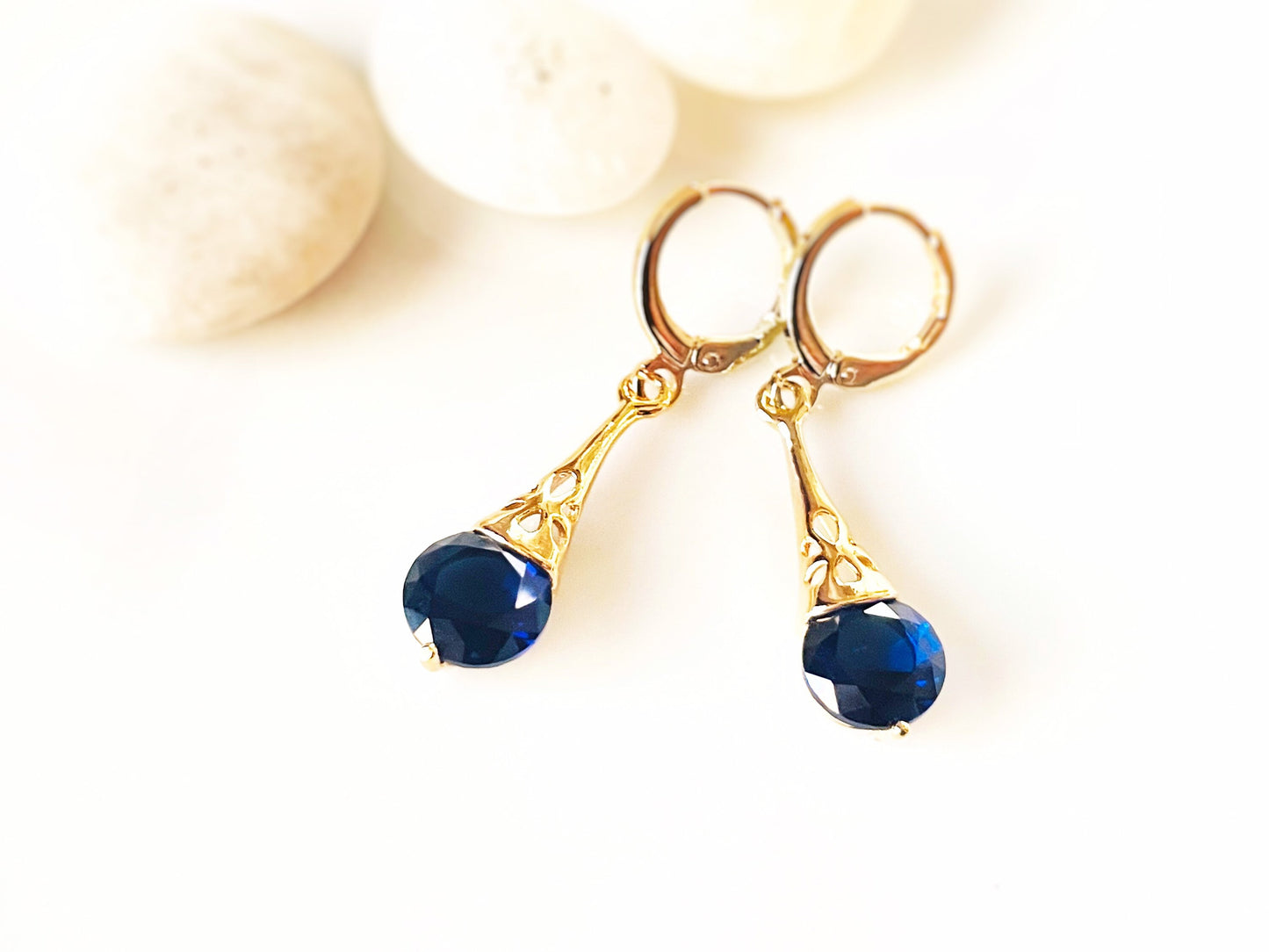 Sapphire filigree dangle earrings, dark blue gemstone earrings, gift for her, gift for daughter, September birthstone