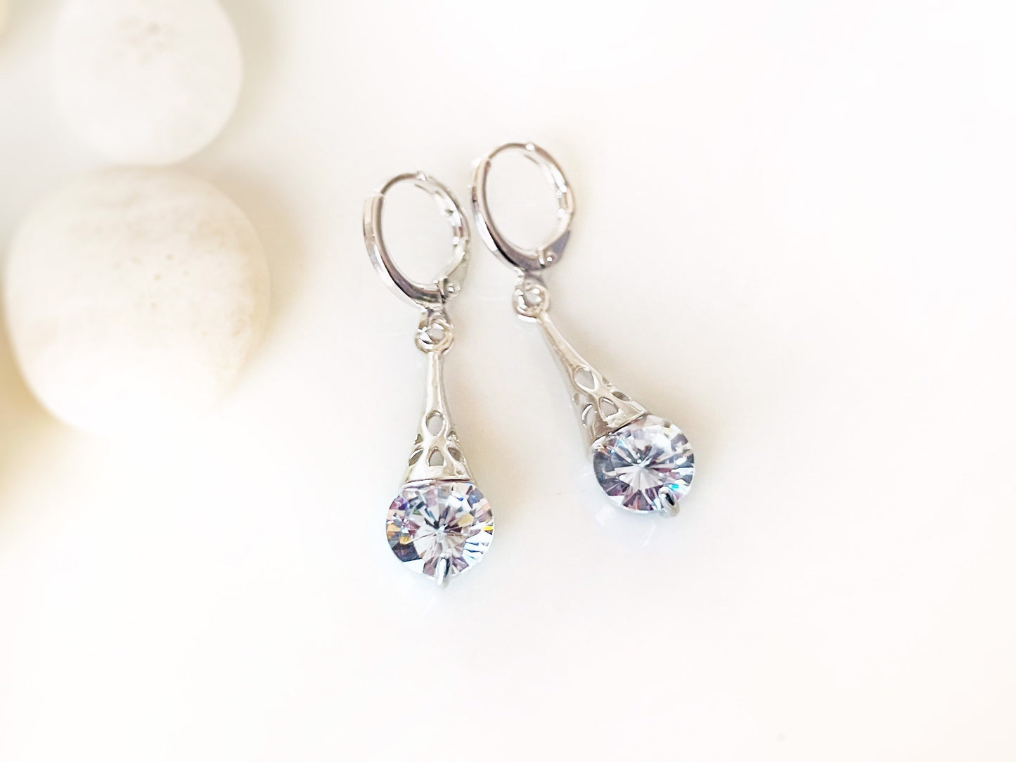 White sapphire filigree dangle earrings, small white gemstone earrings, gift for her, gift for daughter, April birthstone earrings