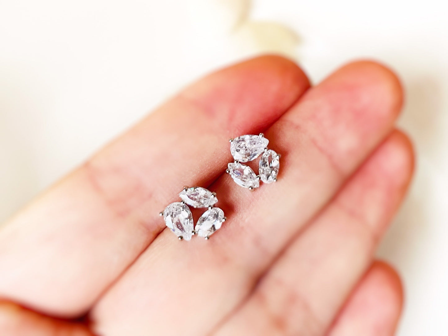 Three stone cluster stud earrings, white sapphire cluster studs, white gemstone stud earrings, gift for her, gift for mom, April birthstone