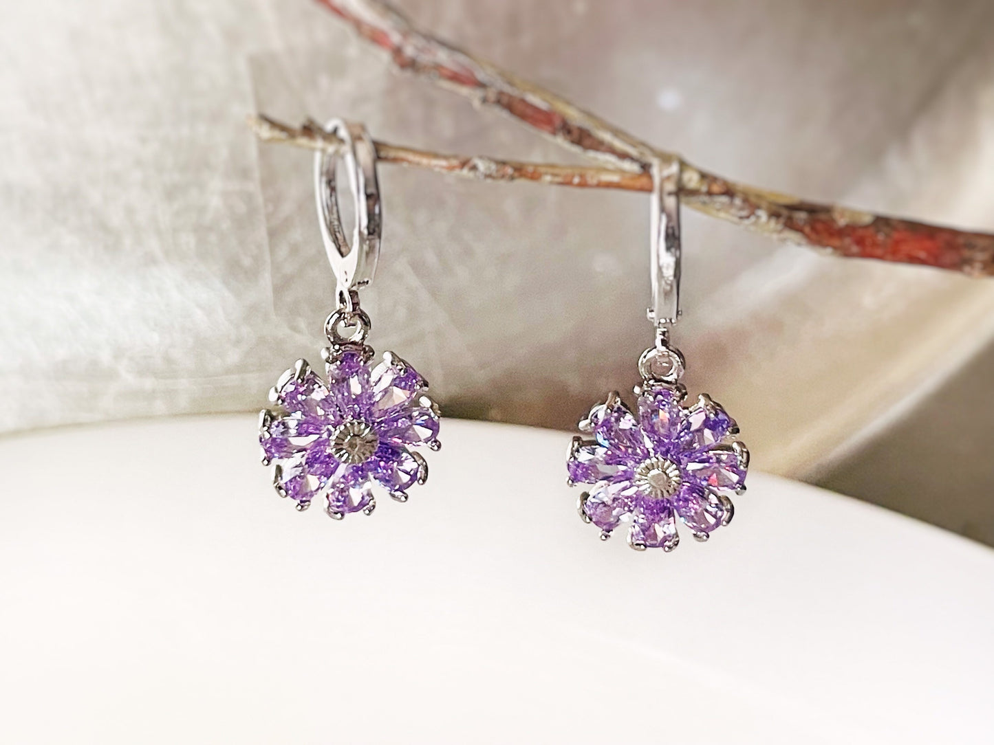 Amethyst purple daisy flower 2pc jewelry set