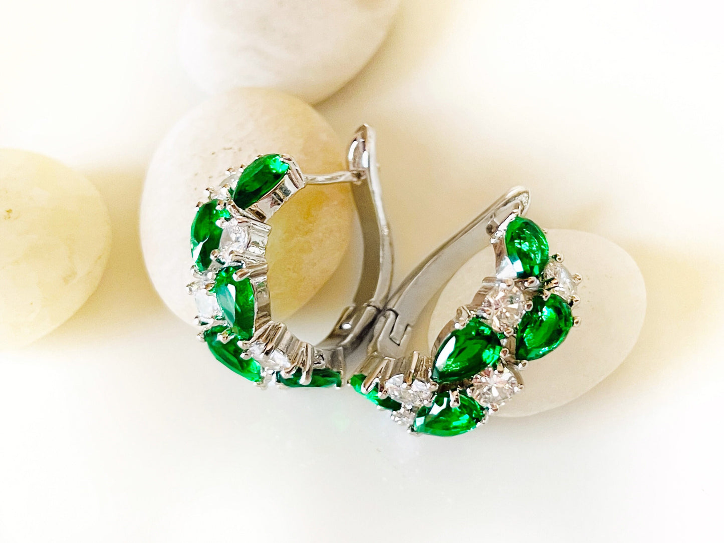 Emerald cluster large hoop earrings, green white gemstone statement hoop earrings, gift for mom, May birthstone