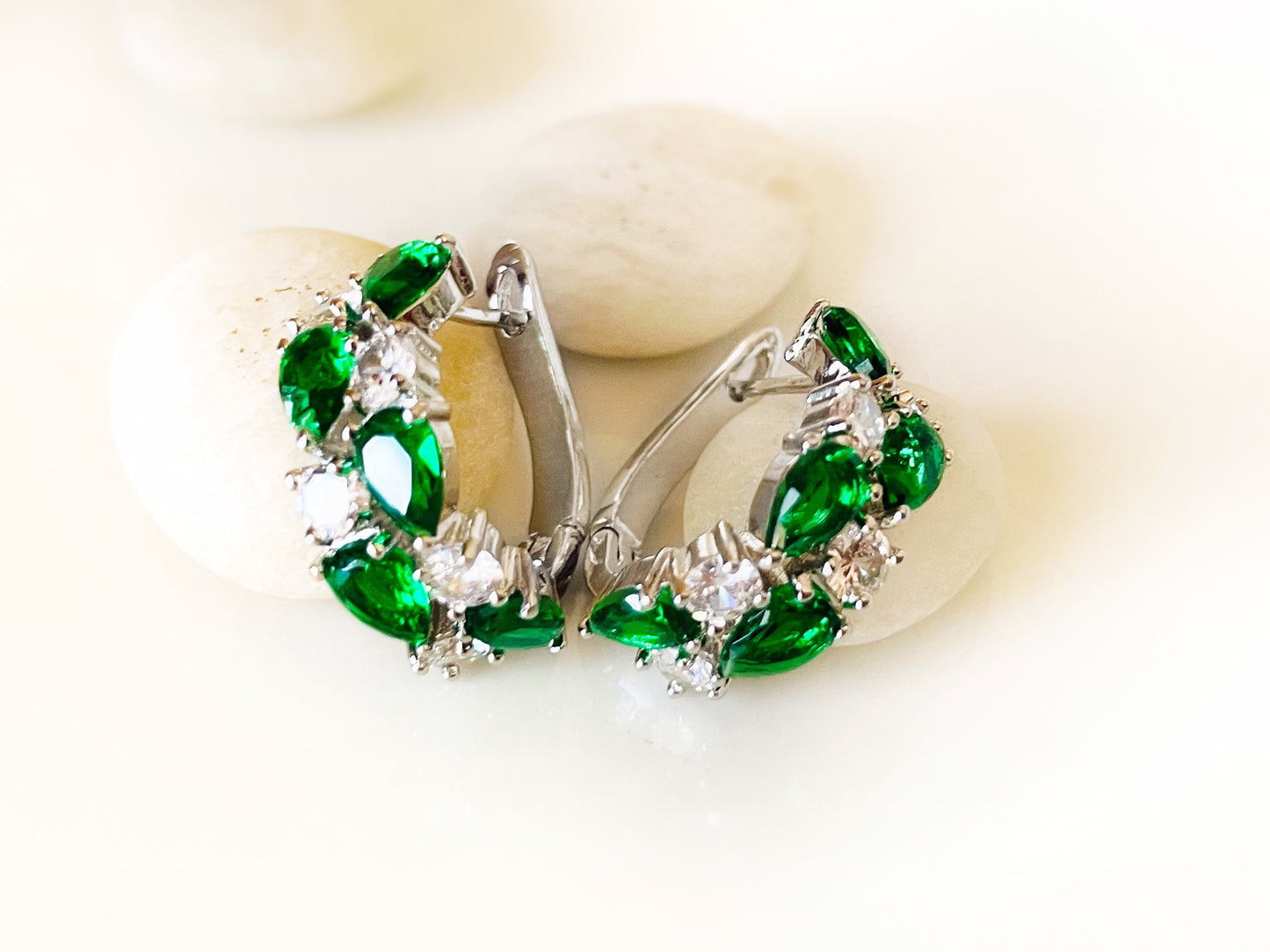 Emerald cluster large hoop earrings, green white gemstone statement hoop earrings, gift for mom, May birthstone