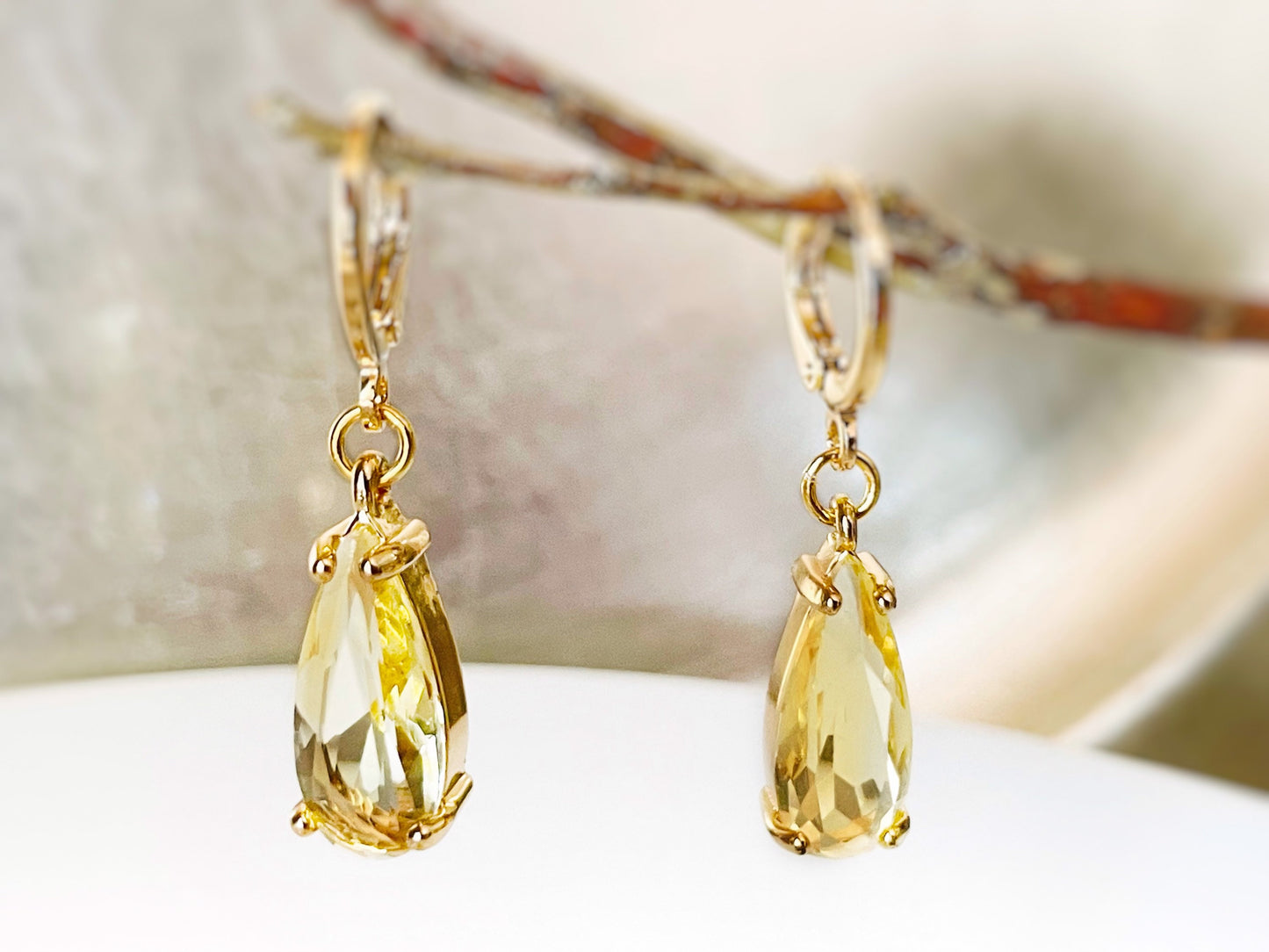 Teardrop citrine huggie dangle earrings gold, elongated yellow gemstone teardrops, gift for her, November birthstone earrings