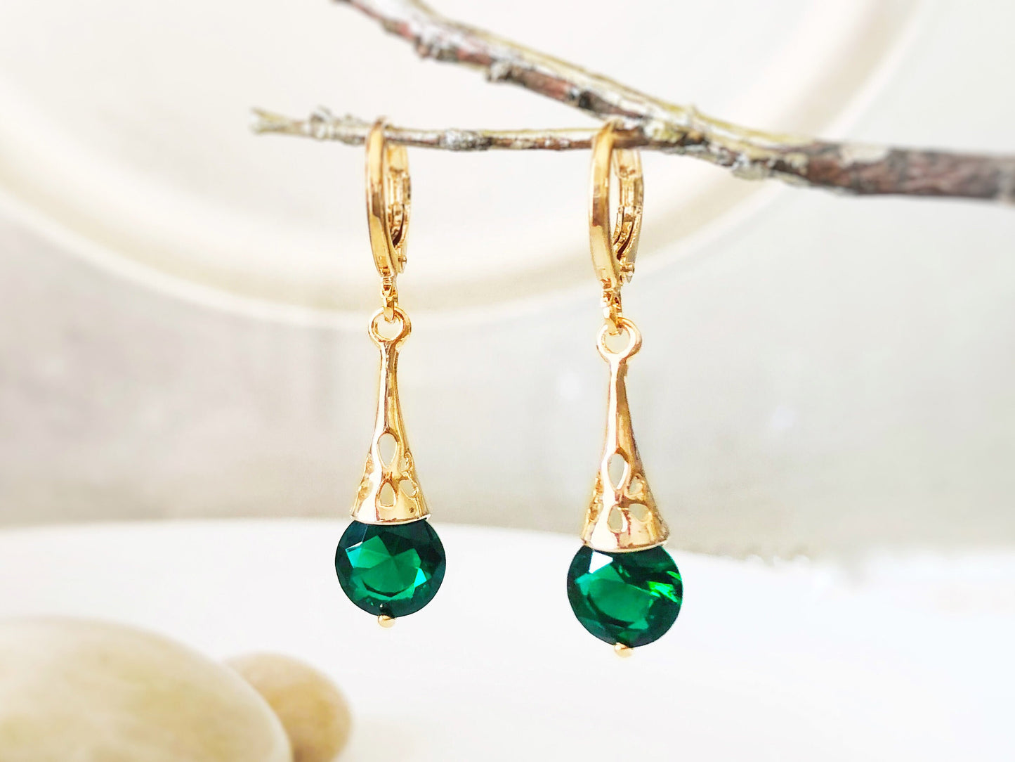 Emerald filigree dangle earrings, green gemstone dangles, gift for her, gift for daughter, May birthstone