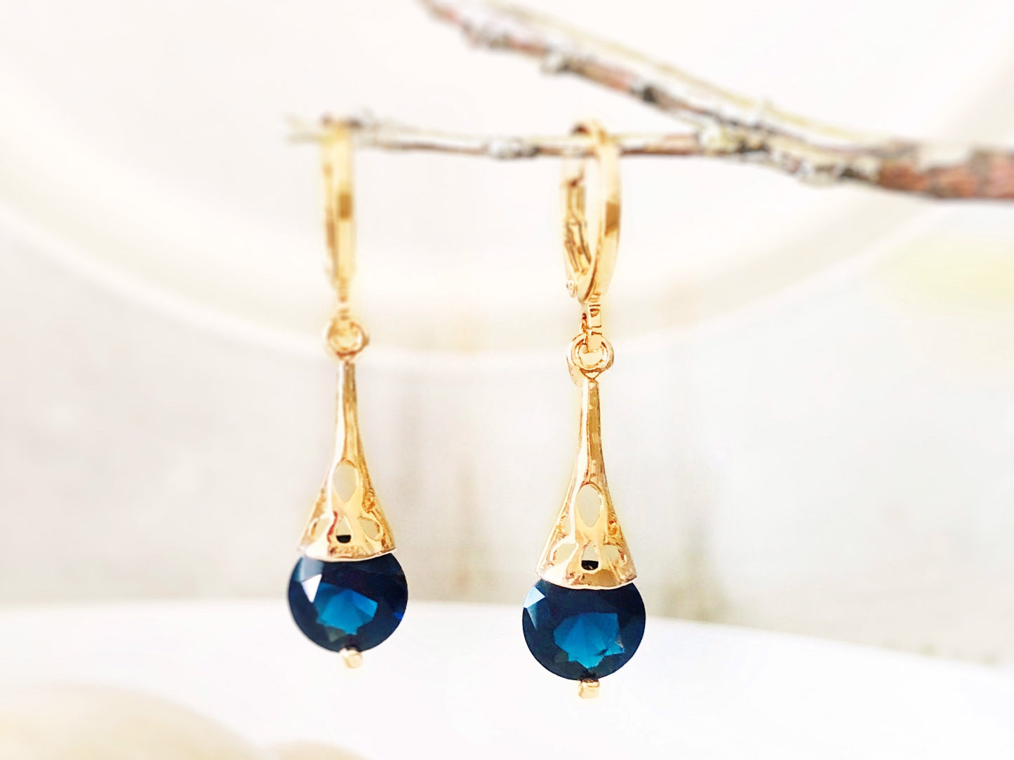 Sapphire filigree dangle earrings, dark blue gemstone earrings, gift for her, gift for daughter, September birthstone