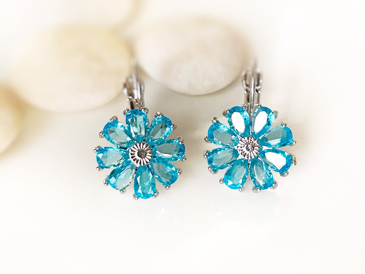Blue topaz flower dangle earrings, blue gemstone daisy flower earrings, December birthstone earrings, gift for mom, gift for her