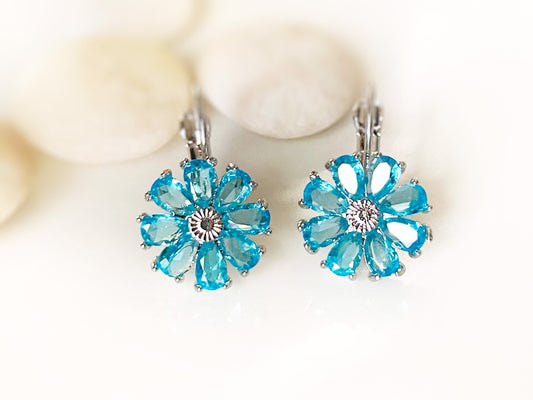 Blue topaz flower dangle earrings, blue gemstone daisy flower earrings, December birthstone earrings, gift for mom, gift for her