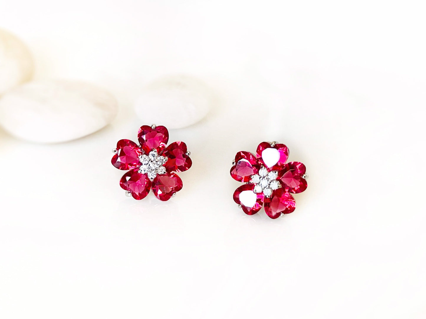 Pink tourmaline flower stud earring in 18K white gold, pink gemstone flower stud earrings, October birthstone, gift for mom, gift for her