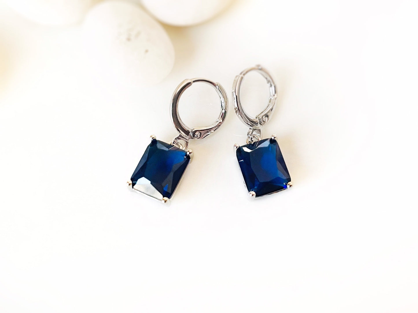 Small emerald cut sapphire dangle earrings, dark blue rectangular dangles, gift for her, gift for girls, September birthstone