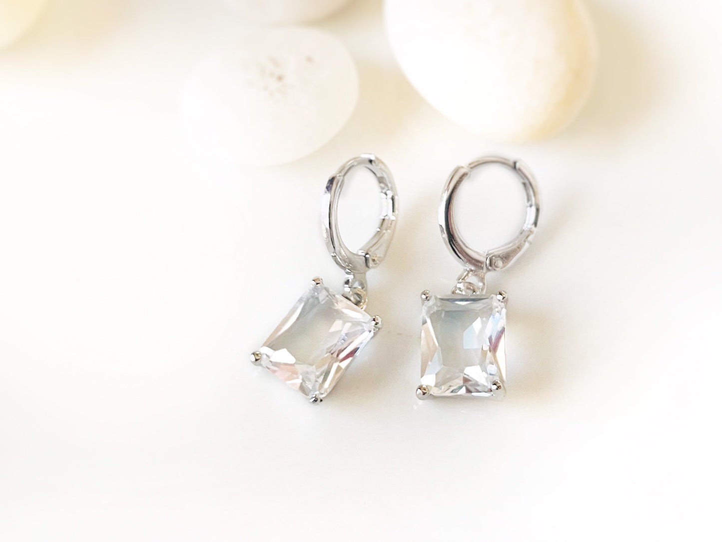 Small emerald cut white sapphire dangle earring, white gemstone drop earrings, April birthstone, gift for her, gift for girl