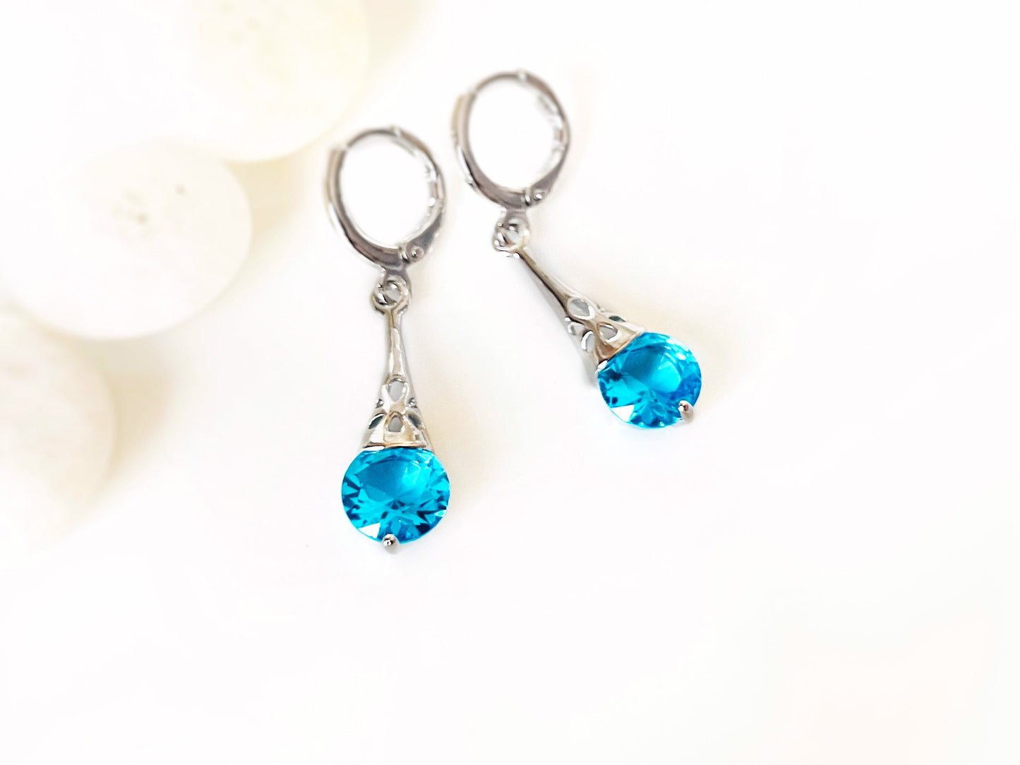 Blue topaz filigree dangle earrings, small blue gemstone earrings, gift for her, gift for daughter, December birthstone earrings