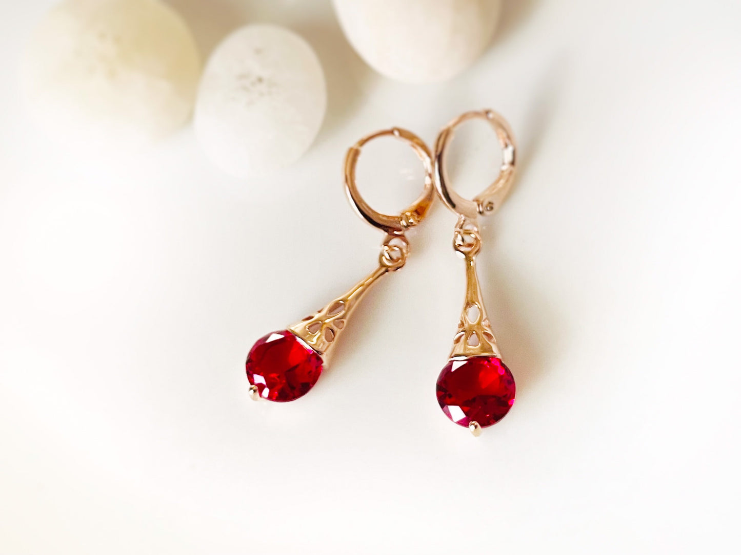 Small ruby filigree dangle earrings, red filigree gemstone drop earrings, gift for her, gift for girls, July birthstone