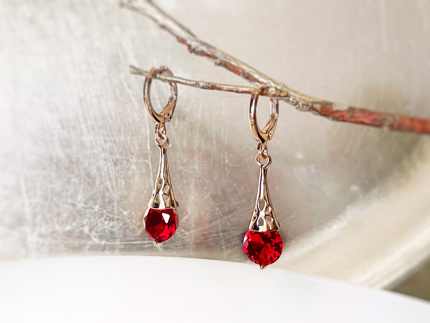 Small ruby filigree dangle earrings, red filigree gemstone drop earrings, gift for her, gift for girls, July birthstone