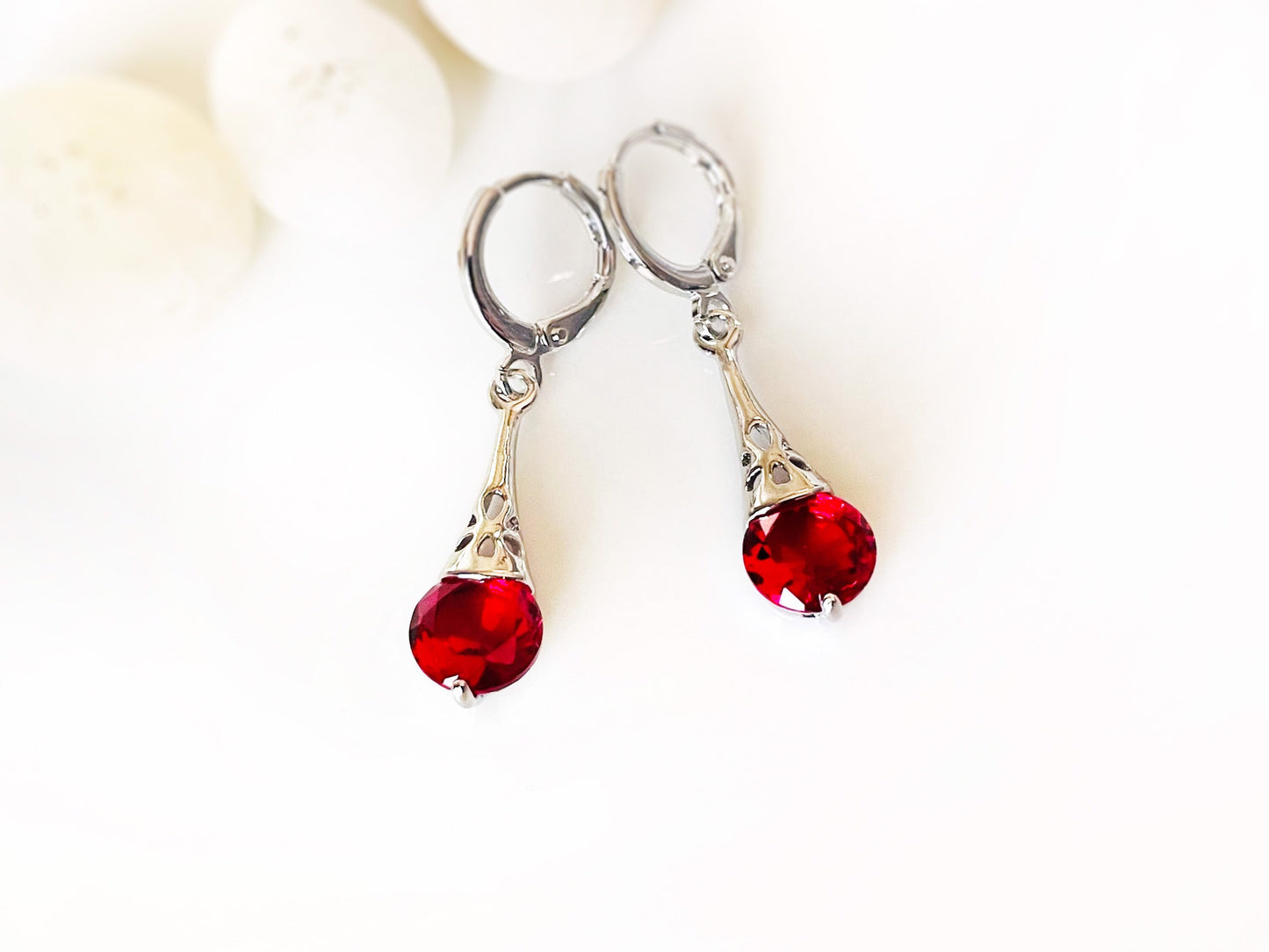 Small ruby filigree dangle earrings, red filigree gemstone drop earrings, gift for her, gift for girls, July birthstone