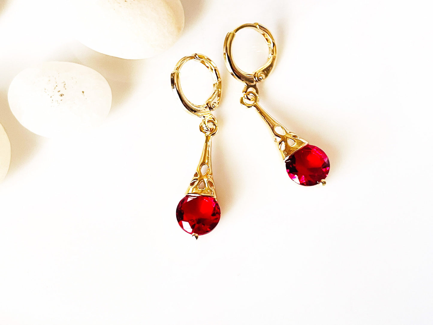 Small ruby filigree dangle earrings, red filigree gemstone drop earrings, gift for her, gift for girls, July birthstone