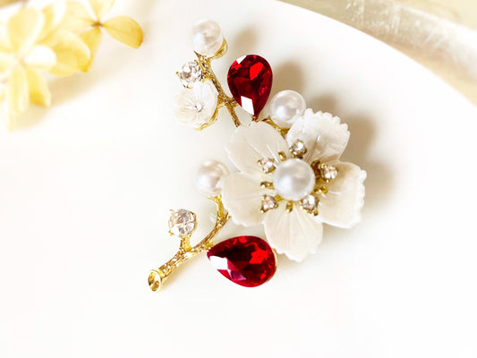 Ruby red pearl flower brooch gold, red crystal flower brooch pin, red gem pearl silver wedding bouquet brooch, gift for mom, gift for her