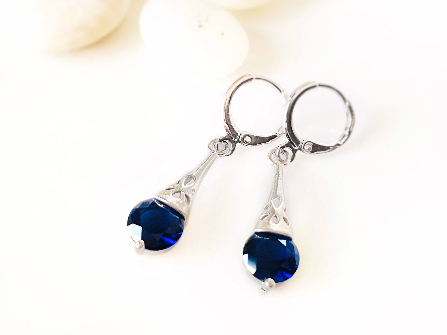 Sapphire filigree dangle earrings, dark blue gemstone earrings, gift for her, gift for daughter, September birthstone