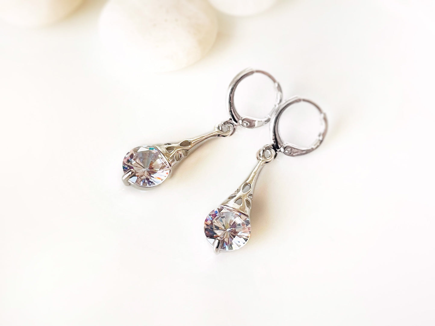 White sapphire filigree dangle earrings, small white gemstone earrings, gift for her, gift for daughter, April birthstone earrings