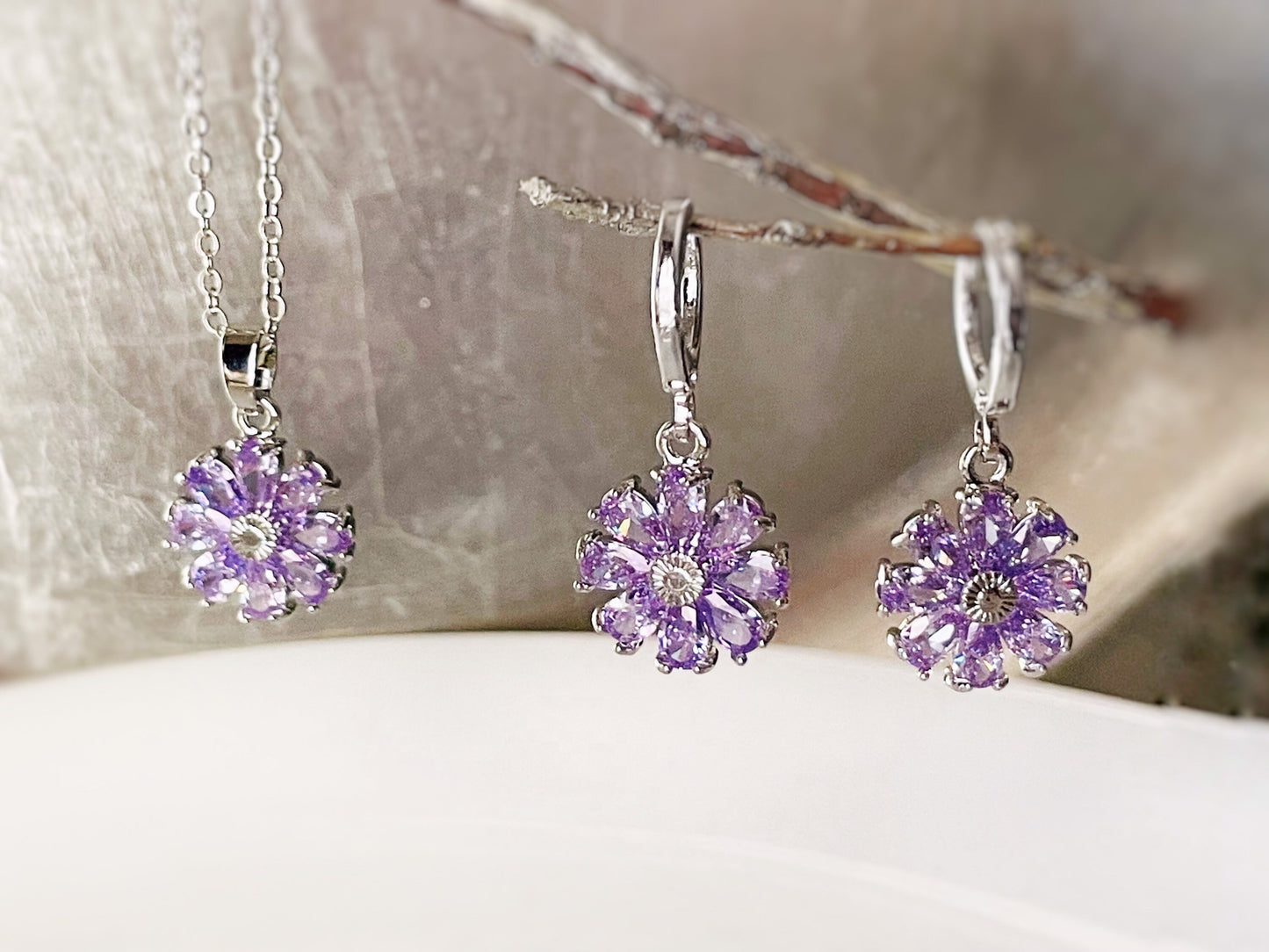 Amethyst purple daisy flower 2pc jewelry set