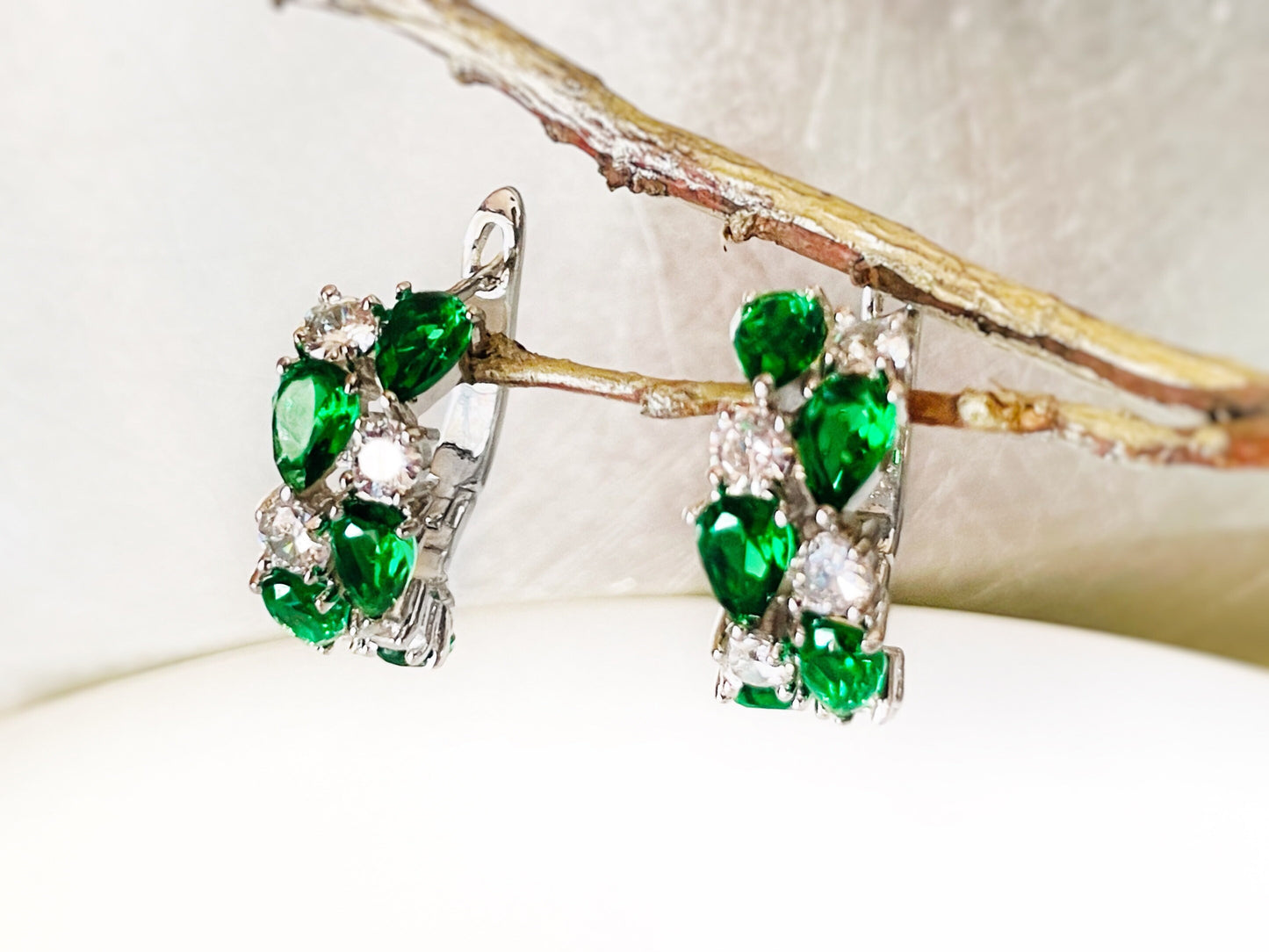 Emerald cluster large hoop earrings, green white gemstone statement hoop earrings, gift for mom, May birthstone