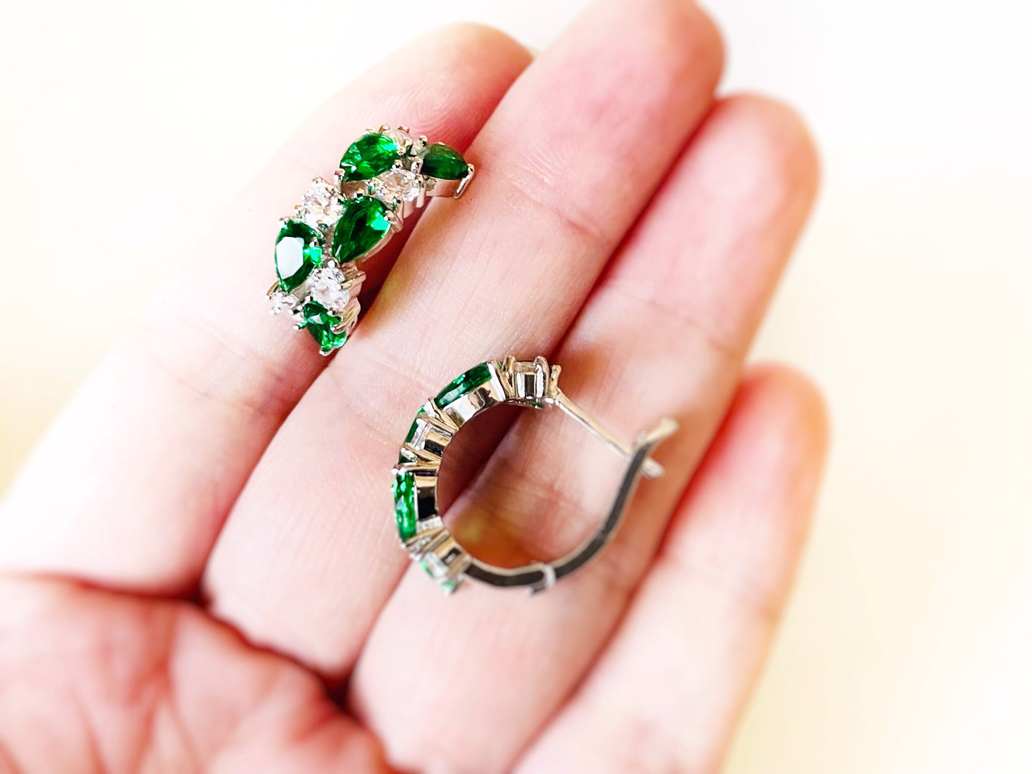 Emerald cluster large hoop earrings, green white gemstone statement hoop earrings, gift for mom, May birthstone