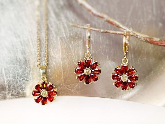 Garnet red daisy flower 2pc jewelry set