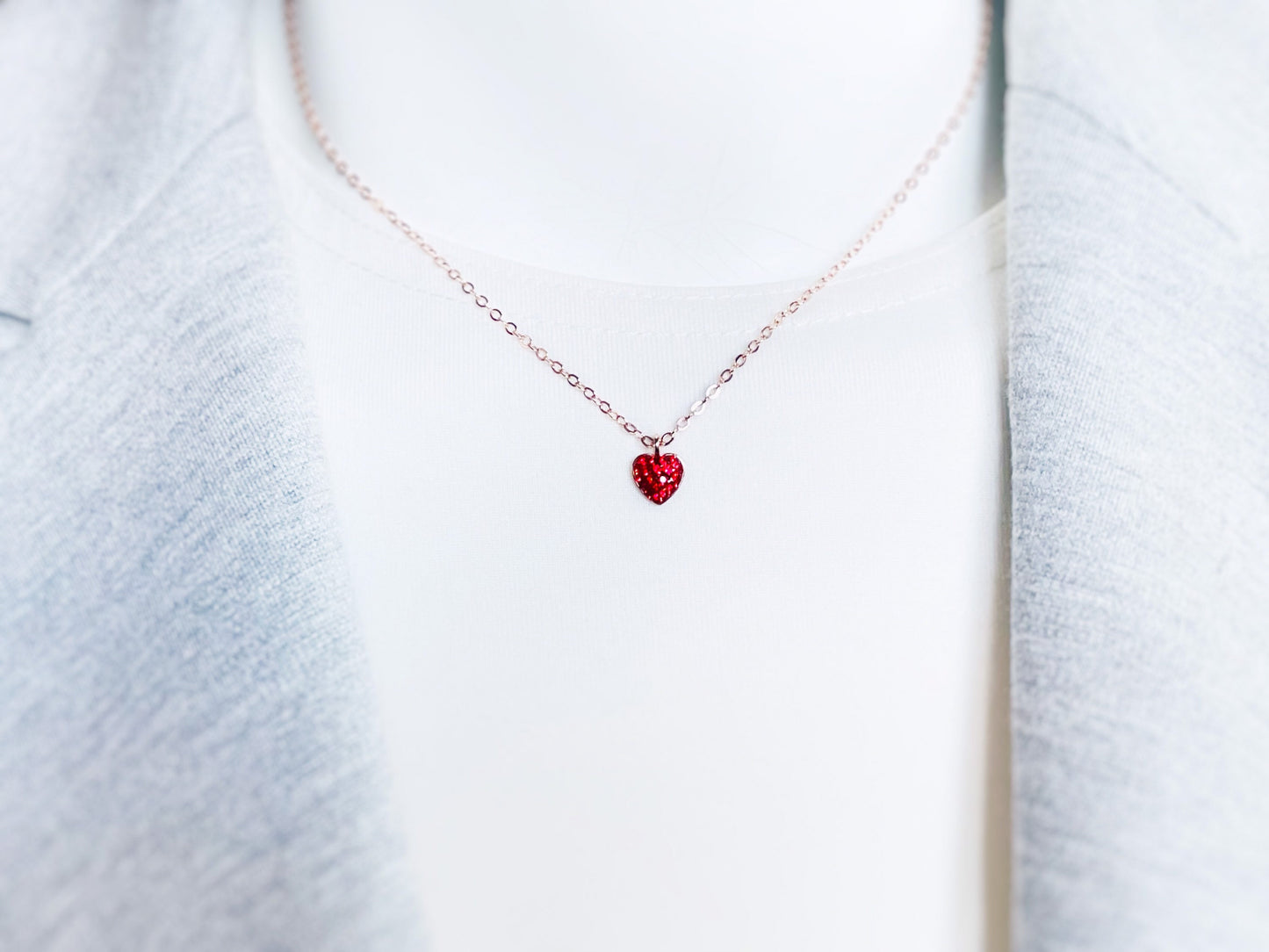 Small Red Druzy Heart Pendant Necklace, Sterling Silver Dainty red Heart Necklace, Gift for Women, Valentines Gift