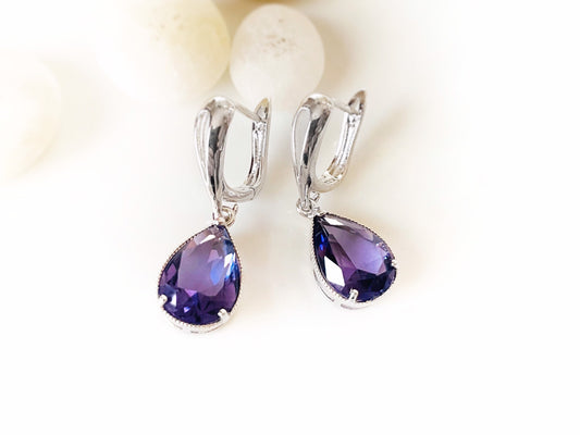 Amethyst dangle earrings, large teardrop purple gemstone teardrop earring,  February birthstones, gift for her, gift for mom, bridal earring