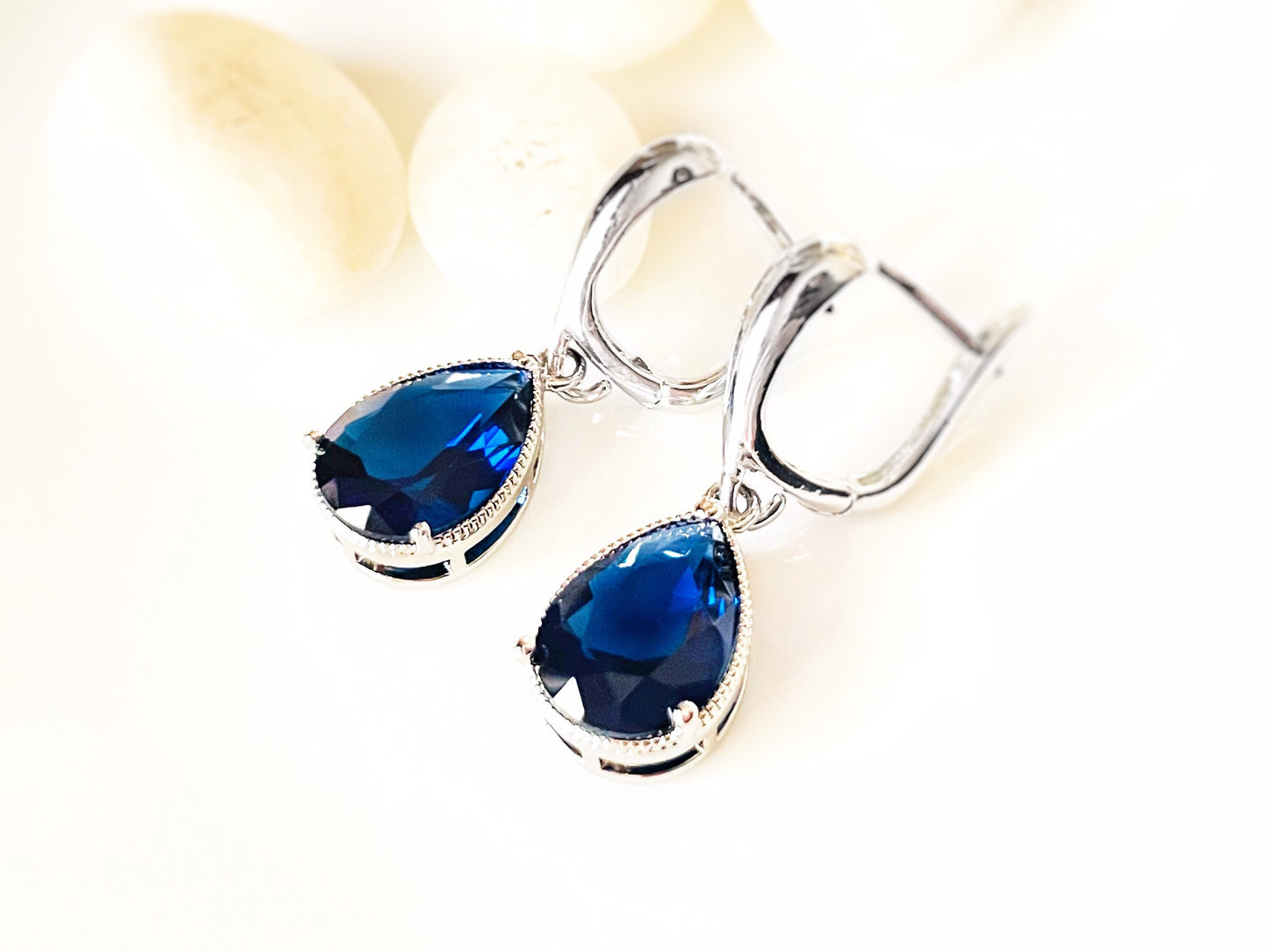 Sapphire teardrop dangle earrings, large teardrop dark blue gemstone earrings, gift for her, gift for mom, September birthstones