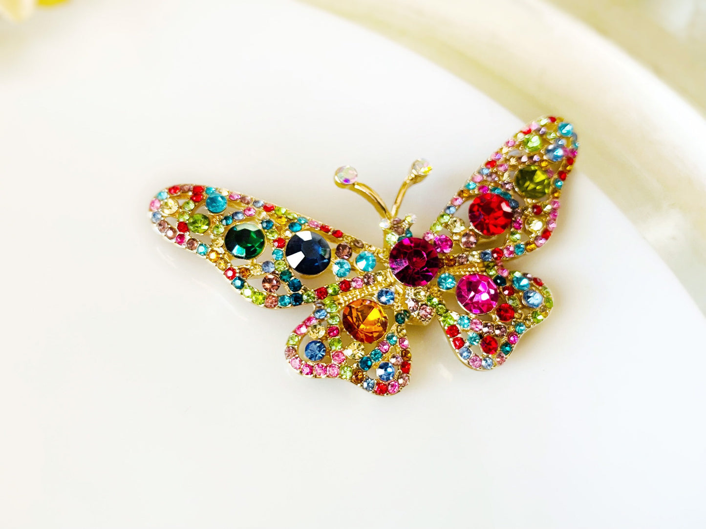 Large rainbow crystal butterfly brooch gold, multicolored crystal statement butterfly brooch pin, gift for her, gift for mom