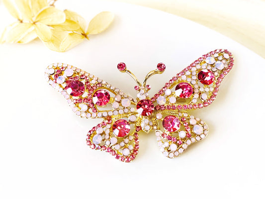 Large pink crystal butterfly brooch gold, pink white crystal statement butterfly brooch pin, gift for her, gift for mom