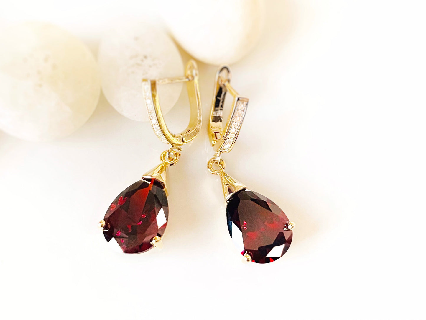 Teardrop garnet dangling earrings, red gemstone drop earrings, gift for her, gift for mom, red bridal earrings, January birthstone earrings