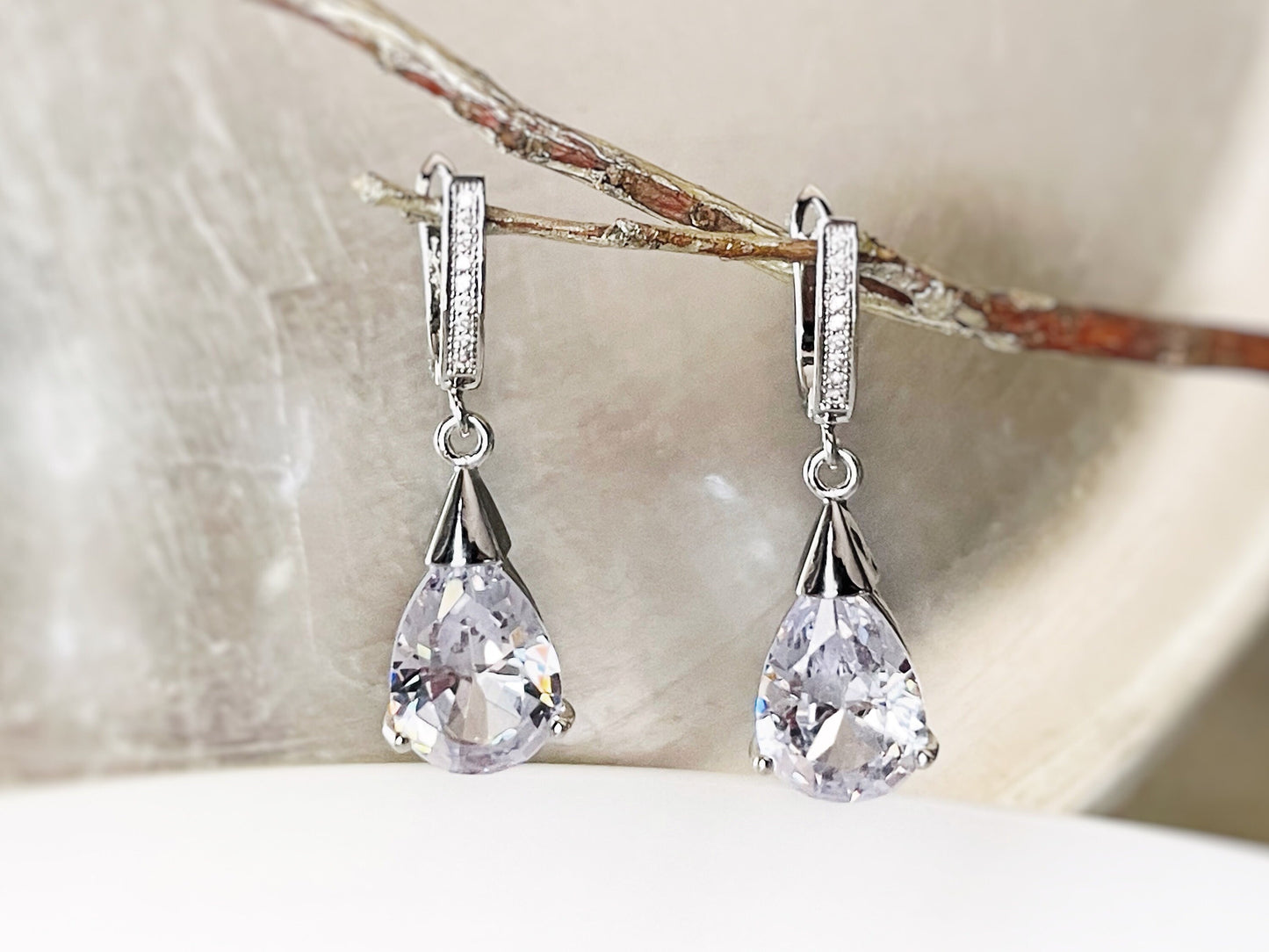 White sapphire teardrop dangle earrings, white gemstone drop earrings, bridal  earrings, gift for her, gift for mom, April birthstone