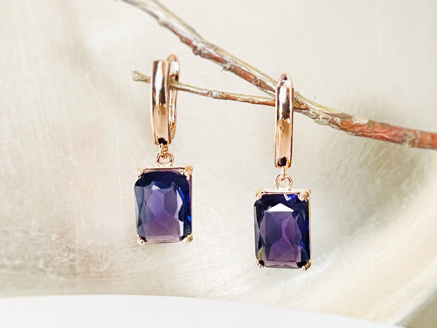 Large emerald cut amethyst dangling earrings, February birthstone gift, purple gemstone drop earrings, gift for her, gift for mom