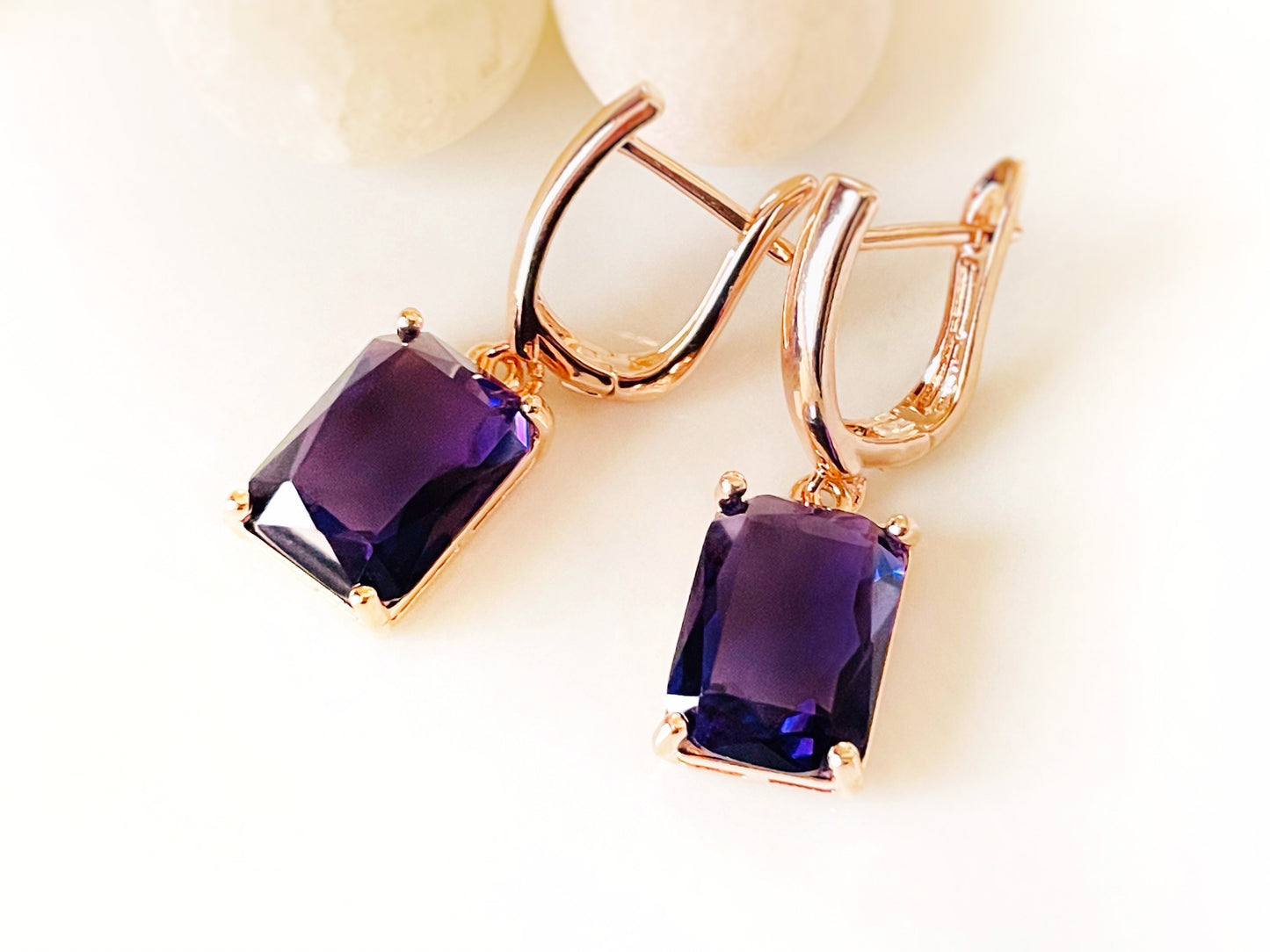 Large emerald cut amethyst dangling earrings, February birthstone gift, purple gemstone drop earrings, gift for her, gift for mom