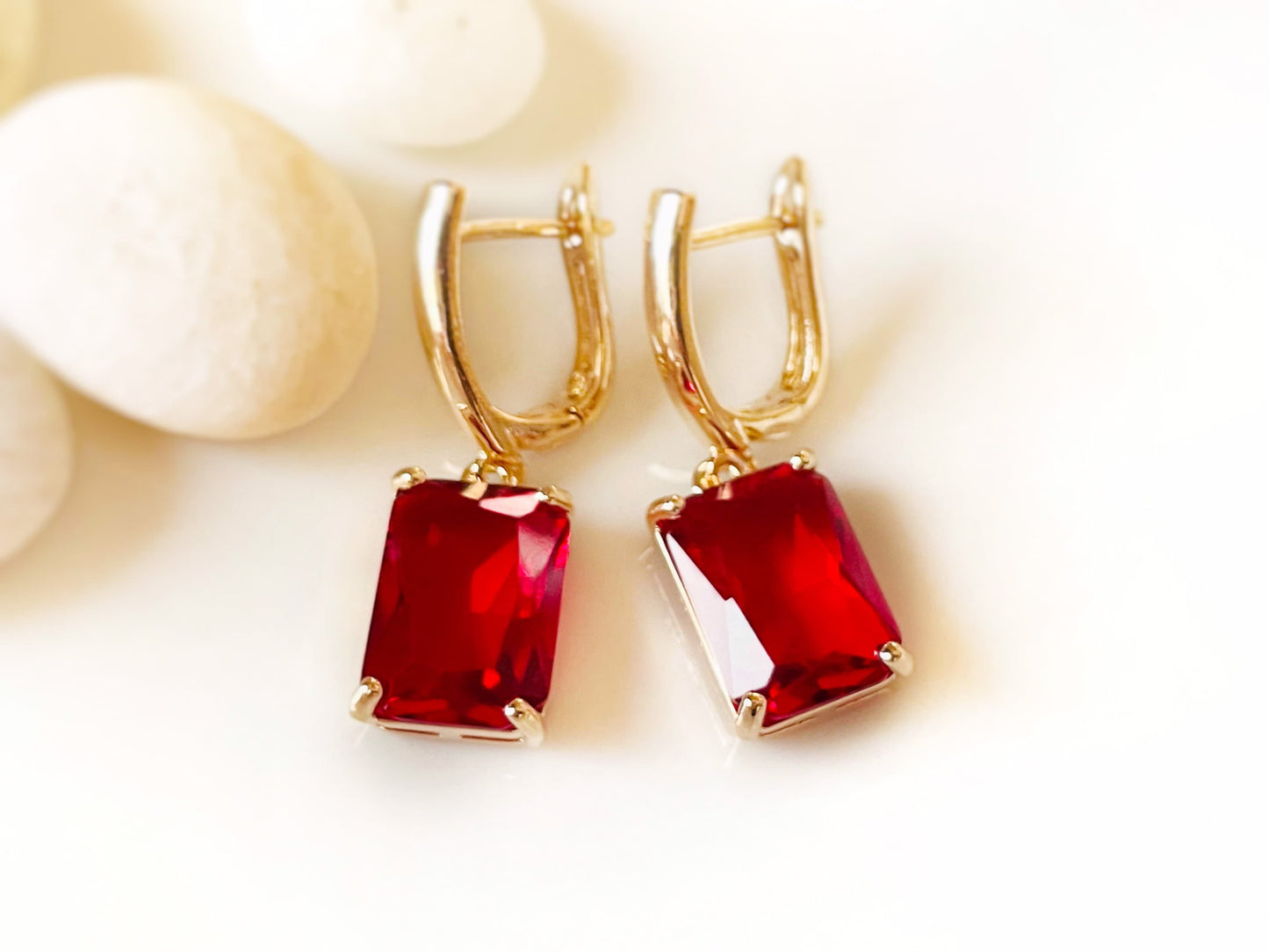 Large emerald cut ruby dangle earrings, July birthstone, red gemstone drop earrings, gift for mom, gift for her