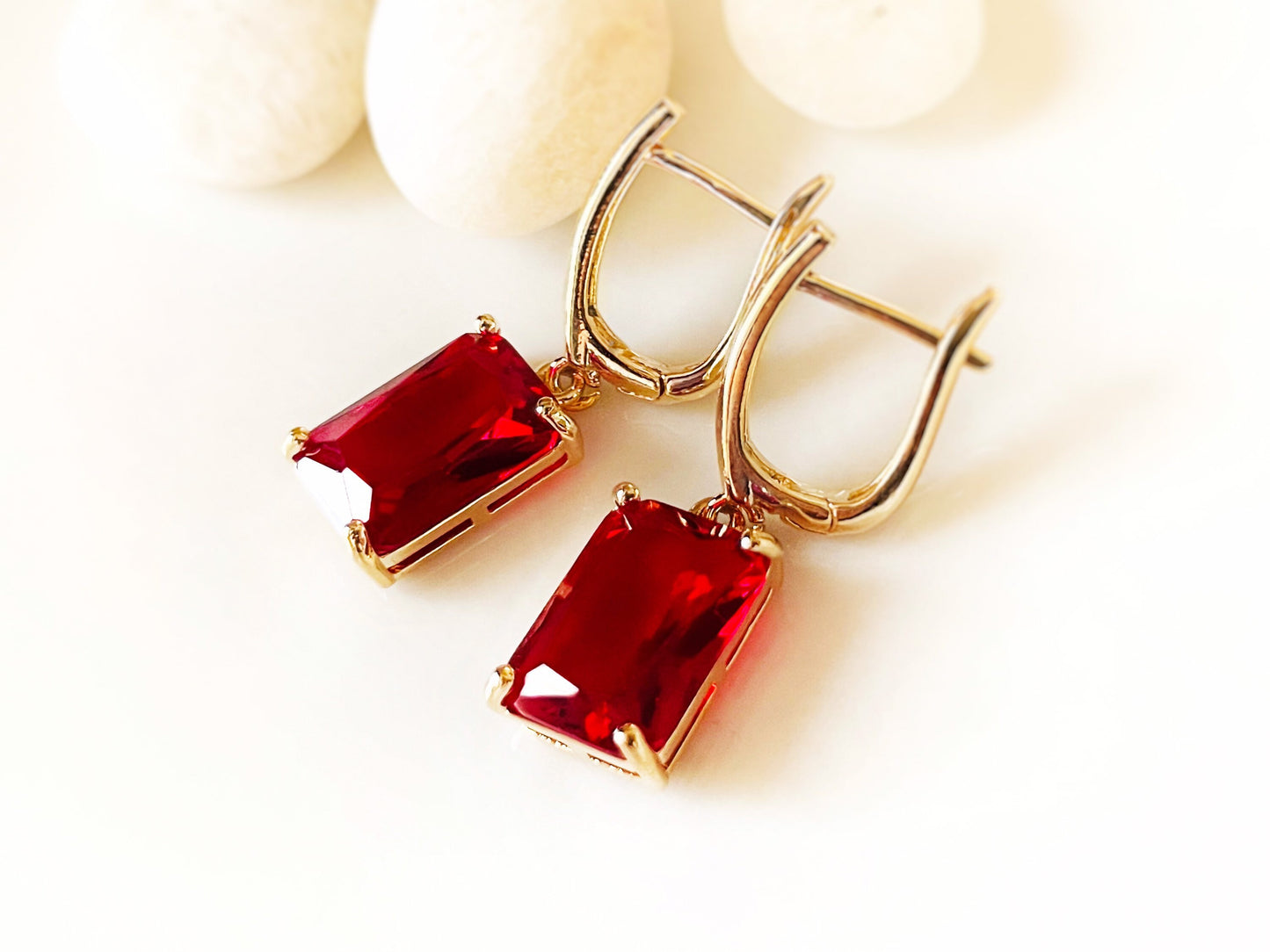 Large emerald cut ruby dangling earrings, July birthstone, red gemstone drop earrings, gift for mom, gift for her