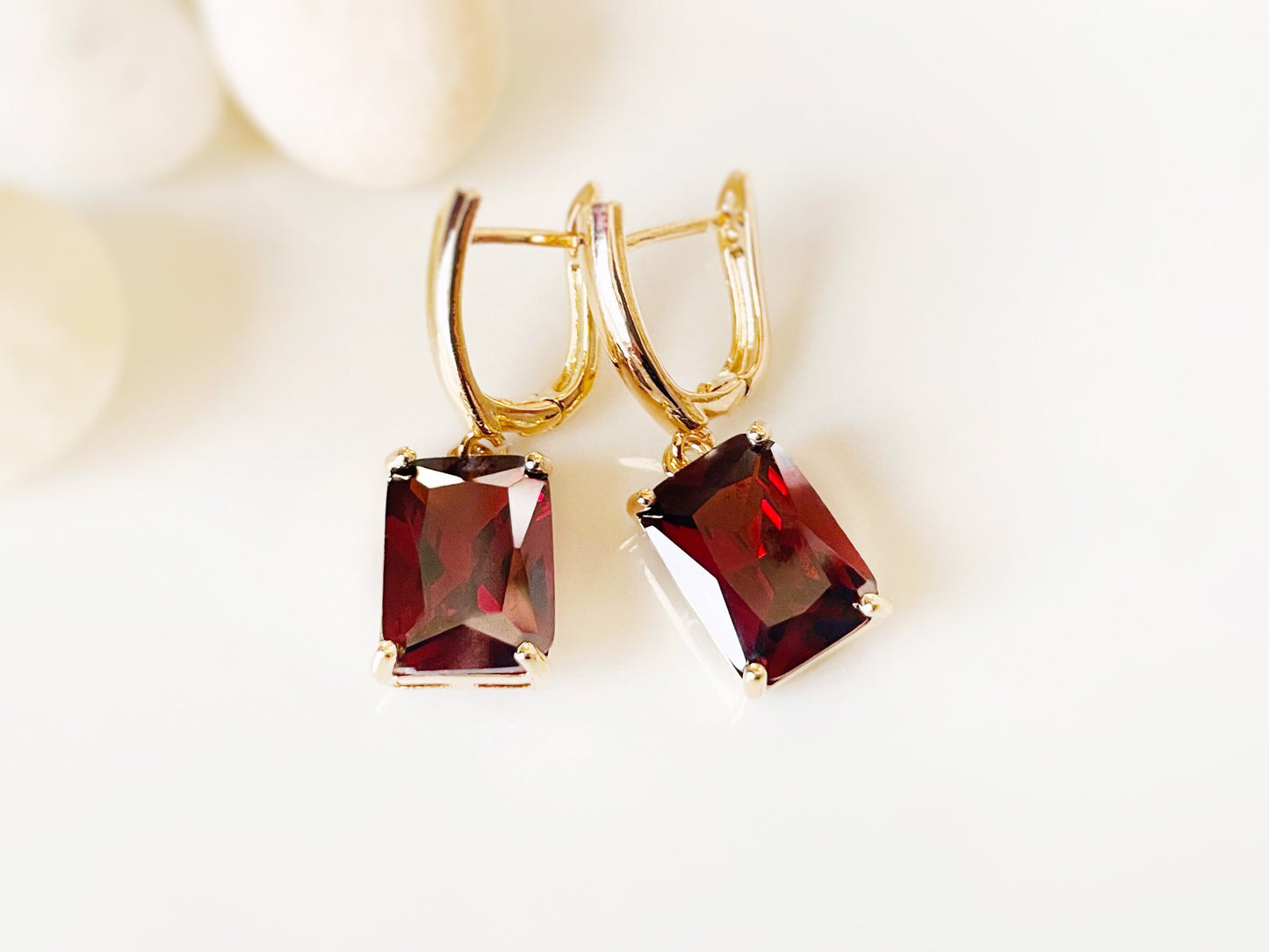 Large emerald cut garnet dangle earrings, January birthstone, red gemstone drop earrings, gift for mom, gift for her