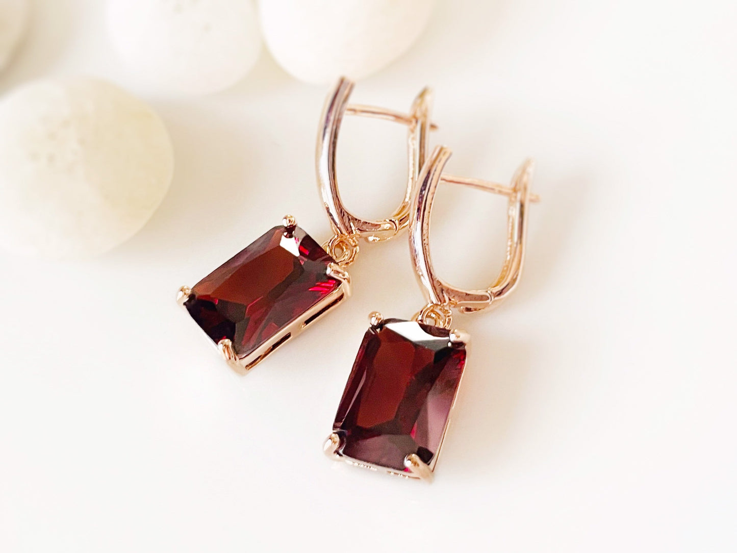 Large emerald cut garnet dangle earrings, January birthstone, red gemstone drop earrings, gift for mom, gift for her